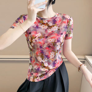 YIMEI เสื้อยืดผ้าตาข่ายพิมพ์ลายสำหรับผู้หญิง2025เสื้อแขนสั้นสำหรับหน้าร้อนใหม่คอกลมหรูหรา