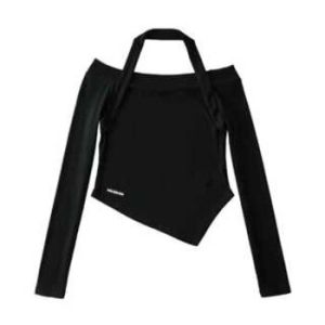 Halter Long Sleeve Solid Crop Top Atasan Lengan Panjang