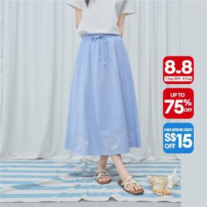 Giordano Women Ocean life embroidery elastic waist maxi skirt Free Shipping 18466813