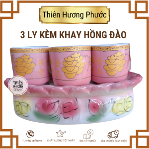 Bộ 3 ly sứ hồng đào kèm đế Thờ Cúng trên ban thờ
