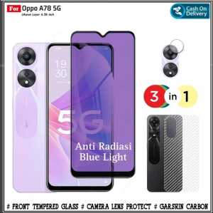 PAKET 3IN1 Full Cover Tempered Glass Blue light Oppo A17  Oppo A78 5G + Garskin & Camera ROMAN ACC