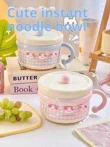 Cute Stainless Steel Ramen Bowl With Lid Kawaii Large Instant Noodles Fruit Salad Rice Soup Bowl Kitchen Tableware Women Gift2026