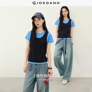 Giordano Women Fake two-piece drawstring waist short sleeve tee Free Shipping 18326820