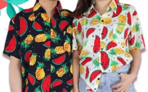 สินค้าพร้อมส่ง เสื้อสงกรานต์ เสื้อ เสื้อฮาวาย เสื้อเชิ๊ตคอปกพับแขนสั้น เสื้อแขนสั้น เสื้อคอปกพับ เสื้อลายดอก ลายแตงโมสับปะรดผ้าสปัน