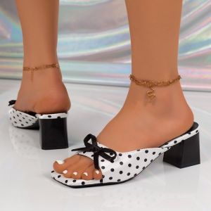 [Free Shipping] Plus-Size WomenS Chunky-Heeled Sandals 2026 Summer New Collection Featuring A Polka Dot Pattern And A Bow Embellishment