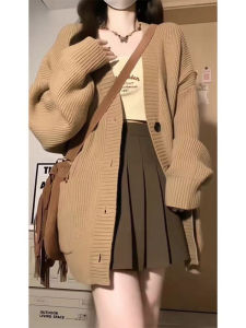 Wanita Sweater Kardigan Rajutan Leher V Atasan Longgar Polos Tebal Hangat Saku Besar