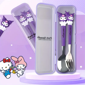 Kuromi Spoon And Fork Set For Kids Sanrio Cartoon Stainless Steel Portable Two-Piece Set With Fork And Spoon Set Cutlery