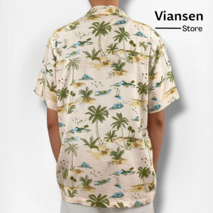 Kemeja Pantai Rayon Motif Hawaii - Baju Santai Premium Cream Sunset