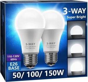 Briignite 3 Way LED Light Bulbs 3 Way Light Bulbs 50 100 150W Equivalent Daylight 5000K A19 Light Bulbs E26 Base Three Way Light Bulbs Indoor 3-Way Light Bulbs for Reading 2 Pack
