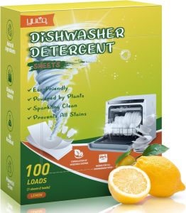 YUCO Dishwasher Detergent Sheets 100 Loads Liquid-Free Dish Soap Cleaner Strips Eco-Friendly No Plastic Dishwasher Pods Detergent Use in Dishwasher or Sink Leaving Dishes Sparkling Clean (Lemon)