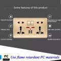 Universal Wall Socket With LED Light Switch 146 Type Dual 5 Holes Socket Gold PC Panel 13A 250V Universal Standard Power Wall Outlet Socket With USB Port 2.1A Dual USB Charger. 