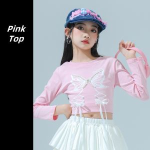Girls Group Dance Performance Costume Long Sleeve Top with Ribbons and Pearls Layered Mini Skirt Jazz Hip-hop Dance Outfit