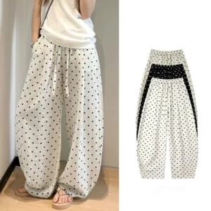 WomenS Breathable Linen Polka Dot Banana Pants Summer Casual Trousers Elastic Waist Drawstring Wide-Leg Pants