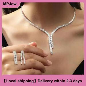 【Local shipping】 2Pcs Simple Geometric Zircon Necklace Earrings Kit For Women Wedding Bride Jewelry Set Accessories Gift