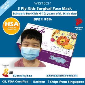 [LOBANG SALES] Wistech 3Ply Kids Surgical Mask Protective Mask Kids mask Kids size 4 to 12 years old 50 pieces HSA Notified Medical Device FDA CE Approved BFE 99% Singapore Ready Stock