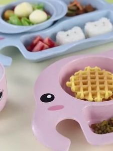 6pcs Baby Silicone Suction Plate Dinnerware Kid Children Cute Cartoon Eating Training Complementary