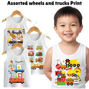 Assorted Kids White Sando for Boys Newborn-6m Construction Wheels Trucks Print Sleeveless Top 4 pcs
