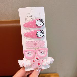 Bộ dây buộc tóc Hello Kitty dễ thương cho trẻ em-Thiết kế động vật hoạt hình với kính và nơ phụ kiện phong cách công chúa ngọt