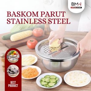 Baskom parutan stainless 3 in 1 multifungsi pengiris pencuci buah dan sayuran serbaguna