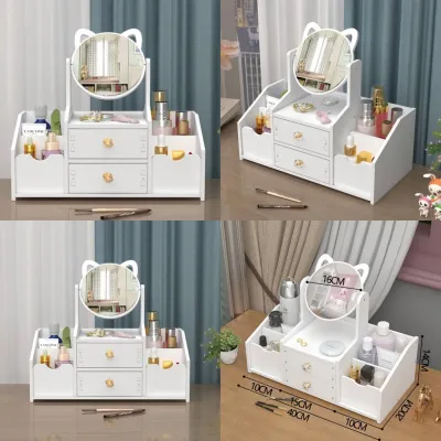 Table Desk Rack Desktop Vanity Makeup Organizer With Mirror Jewelry Cosmetics Storage Box