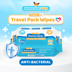 Moose Gear Baby Wipes Premium Antibacterial 32s TRAVEL PACK Kills 99.9% Germs Thick & Soft