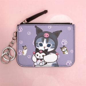 Kawaii Mofusand Leather Wallet Card Holder Cute Shark Cat Hello Kitty Kuromi Cinnamoroll Purse Storage Bag Keychain Gifts