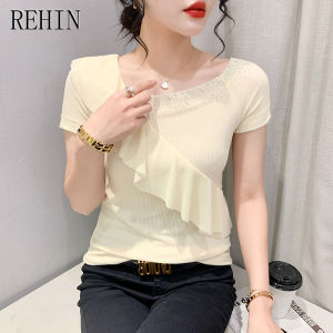 REHIN Summer new original design trendy fashionable with oblique shoulder lace and rhinestone short-sleeved t-shirt T-shirt ruffle womens top
