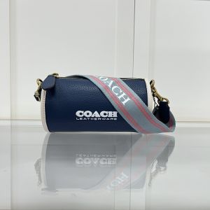 Coach Genuine Leather Cylinder Pencil Cross Body Shoulder Bag with Two Straps Size 19.5X12X12cm Black and White with Red Striped Strap.。