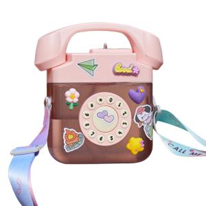 Drinking Bottle Aesthetic Water Bottle Telephone Shape Plastic Water Bottle with Straw and Stickers for Kids Boys Girls