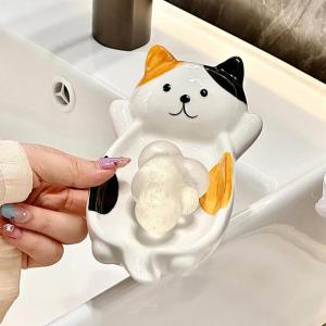 Cute Cartoon Cat Soap Dish Creative Ceramic Soap Drainage Holder Draining Tray Design Fun Bathroom Decor Space Saving Soap Box
