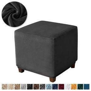 OWNNEW Elastic Ottoman Cover Square Velvet Pouf Stool Cover Durable Solid Color Furniture Protector