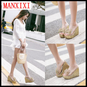 MANXIXI Brand Korean Version Fashion Bow-knot Inlay Wedge Sandals 4.72 Inches High Heels Slippers Shoes For Women (34-40 Size)