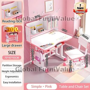 Global Study Table For Kids Hight Adjustable Table and Chair Learning Desk Set for 3-15 Years with Bookshelf