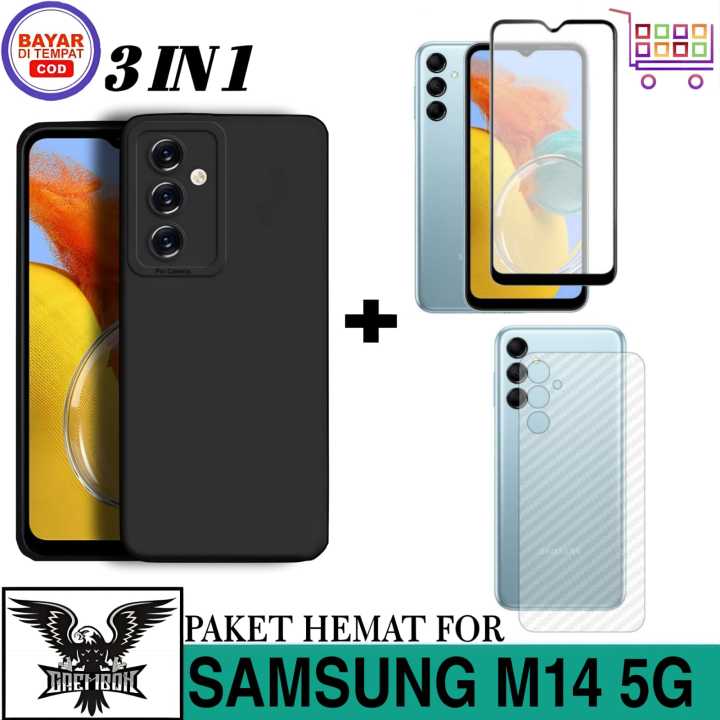 Paket 3in1 Case Samsung Galaxy M14 5g Soft Case Pro Camera Free Tempered Glass Garskin Carbon 5028