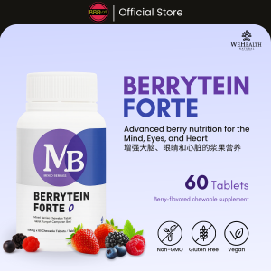 WEHEALTH Berrytein Forte 60 Chewable Tablets 500mg Eye Strain Relief Chewable Supplement Blackcurrant Lutein Dry Eyes Screen Fatigue Advanced berry nutrition for the Mind Eyes and Heart Supplement