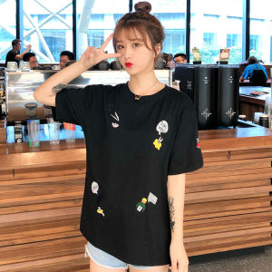 QJshop ✨เสื้อยืดทรงโอเวอร์ไซส์ สีพื้นสกรีนลายการ์ตูนน่ารักดูสุภาพลายไม่เยอเกินไป ใส่ได้ทุกโอกาส 👍🏻🛍️🔥