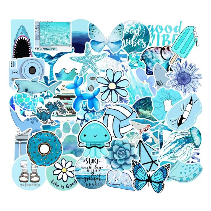 53Pcs/Set Blue Small Fresh Graffiti Waterproof Sticker Car Computer ...
