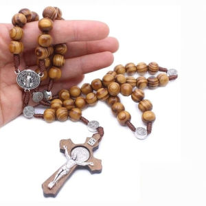 10mm Handwoven Wooden Rosary Necklace St Benedict Medal Design Catholic Religious Prayer Beads Souvenir Gifts For Devotees