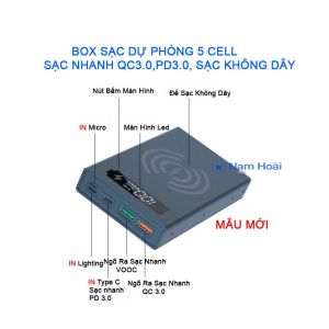Box sạc dự phòng 5 cell sạc nhanh QC 3.0 PD 3.0 Không dây 15W tháo lắp dể dàng bằng ốc vít (Không gồm pin)