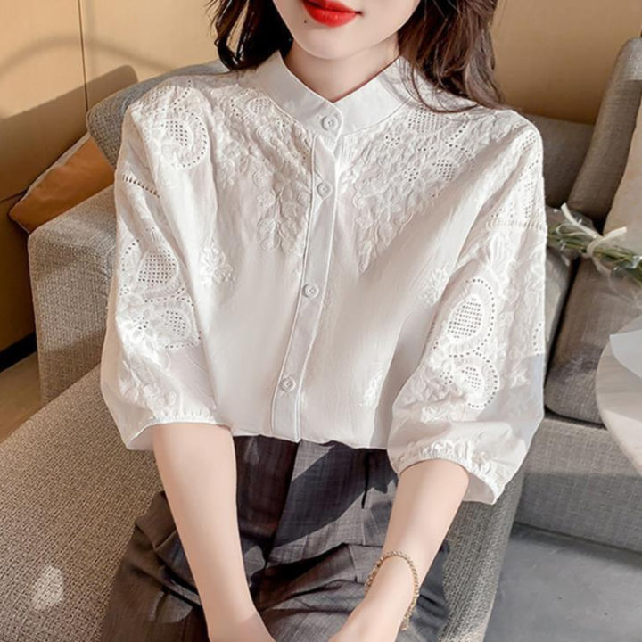 Cotton Blouse Women Fashion Casual Loose White Shirt Korean Style