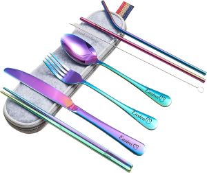 Personalized Stainless Steel Travel Utensil Set – 7-Piece Custom Engraved Cutlery with Carrying Case – Reusable Compact Flatware for Camping Office Picnic & Travel