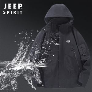 จี๊ปวิญญาณฤดูใบไม้ผลิและฤดูใบไม้ร่วงสำหรับทั้งหญิงและชายแจ็คเก็ตกันน้ำใส่กลางแจ้งที่มีฮู้ดสไตล์การทำงานที่สอดคล้องกันและฟังก์ชั่นซิป