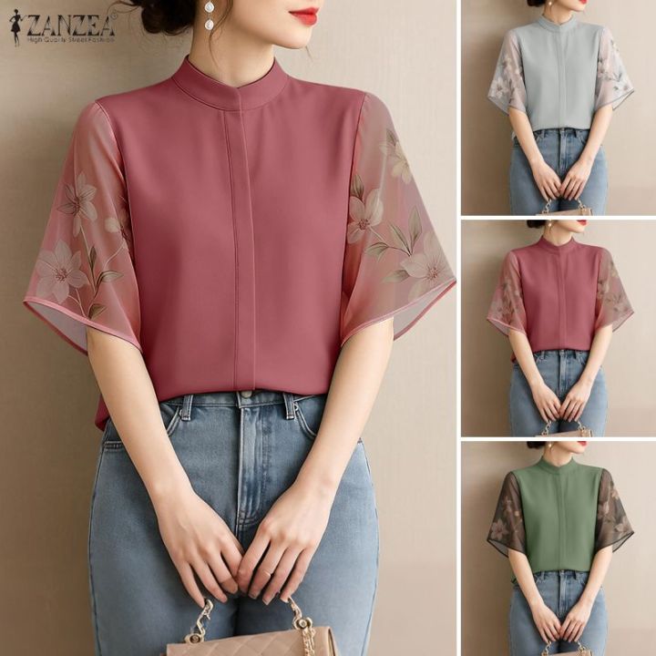 ZANZEA%20Korean%20Style%20Women%20Stylish%20Stand%20Collar%20Short%20Sleeve%20Blouses%20Floral%20Print%20Patchwork%20Daily%20Top%20#1201%20-%20Image%204