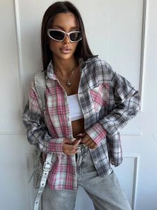 2026 Plus Size Color Block Plaid Shirt: Contrast Notch Collar Blouse with Single Pocket & Straight Hem for Casual Wear2026