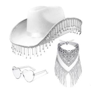 Rhinestone Tassels Cowboy Costume Western Wide Brim Hat Neck Scarf Sunglasses Set Cosplay Party Costume Accessories 3pcs