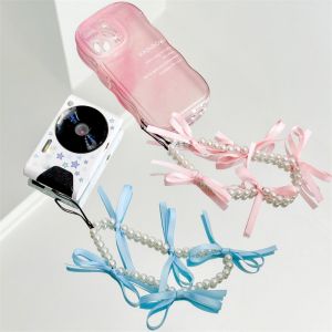 LOVELY HUT Ballet Style Lace Bowknot Phone Chain Ribbon Pearl Sweet Bow Ribbon Phone Strap Fashion Keychains Beaded Hanging Pendant Jewelry Gift