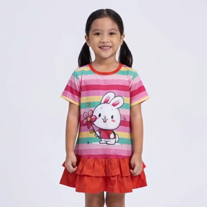 Girls Cotton Casual Dress 12SL241 Kids Cute Colorful Striped Bunny Dress Baju Skirt Kanak-Kanak Perempuan