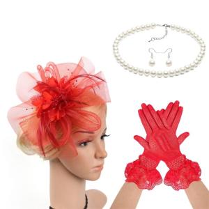 Women Derby Hat Fascinator Hairhoop with Neckwear Earrings Gloves For Cocktails Special Occasion Roleplay Accessories