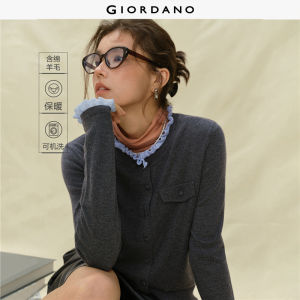 Giordano Women Contrast ruffle trim crewneck cardigan Free Shipping 18355931