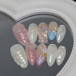 [HANDMADE]Artificial Nail Almond Aurora Pink Butterfly Phototpy Press on Nails Reusable and Removable Nails with Toolkit